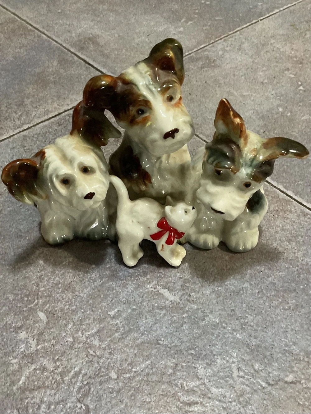 Vintage Ceramic Puppy Trio with Small Cat Figurine - Brown & Cream